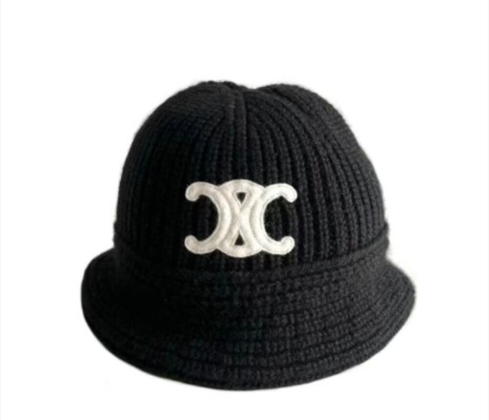 Celine Triomphe Ribbed Knit Bucket Beanie in Black